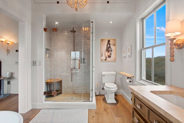 Bathroom, Glass Shower, Interior, Recessed Lighting, Wood Texture Flooring