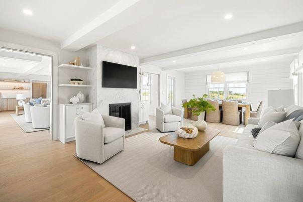 Dining room, Fireplace, Interior, Living room, Marble Walls, Pendant Lights, Recessed Lighting, Wood Texture Flooring