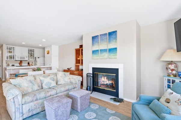 Fireplace, Interior, Kitchen, Living room, Recessed Lighting, Wood Texture Flooring