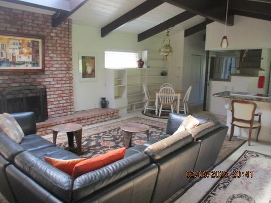 Dining room, Fireplace, Interior, Living room, Pendant Lights, Stone Walls, Wooden Beams