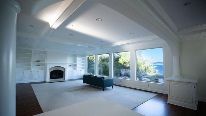 Fireplace, Interior, Living room, Recessed Lighting, Wood Texture Flooring