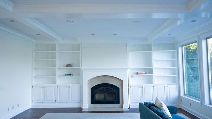 Fireplace, Interior, Recessed Lighting, Wood Texture Flooring