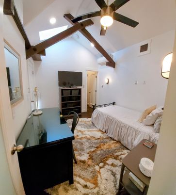Bedroom, Home Office, Interior, Recessed Lighting, Wooden Beams