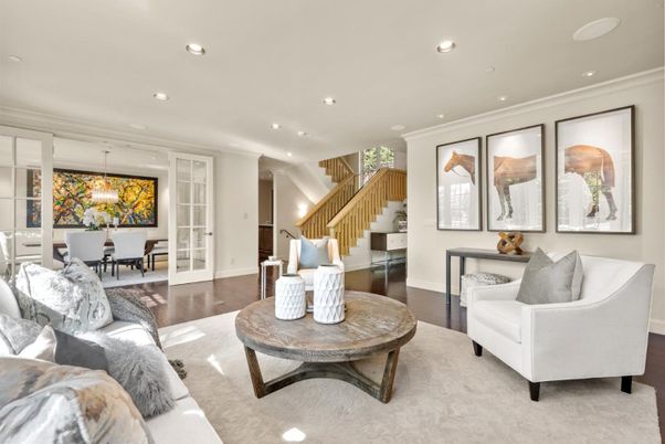 Dining room, Interior, Living room, Pendant Lights, Recessed Lighting, Wood Texture Flooring