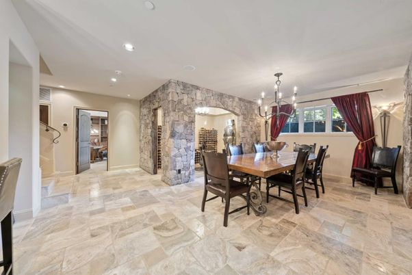 Chandelier, Dining room, Interior, Recessed Lighting, Stone Walls