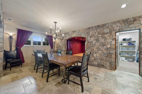 Dining room, Interior, Pendant Lights, Recessed Lighting, Stone Walls