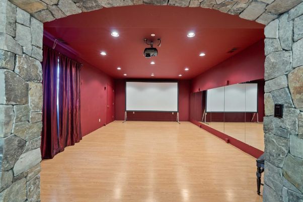 Empty room, Interior, Projection Screen, Recessed Lighting, Stone Walls, Wood Texture Flooring
