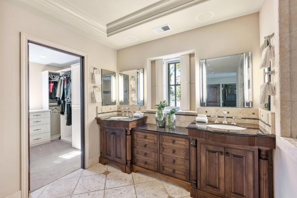 Bathroom, Dual Sink Vanities, Interior, Recessed Lighting, Tile Countertops