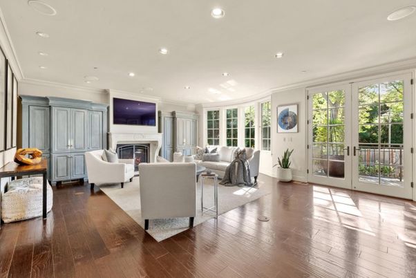 Fireplace, Interior, Living room, Recessed Lighting, Wood Texture Flooring
