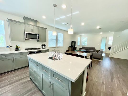 Dining room, Interior, Kitchen, Living room, Pendant Lights, Recessed Lighting, Stainless Steel Appliances, Wood Texture Flooring