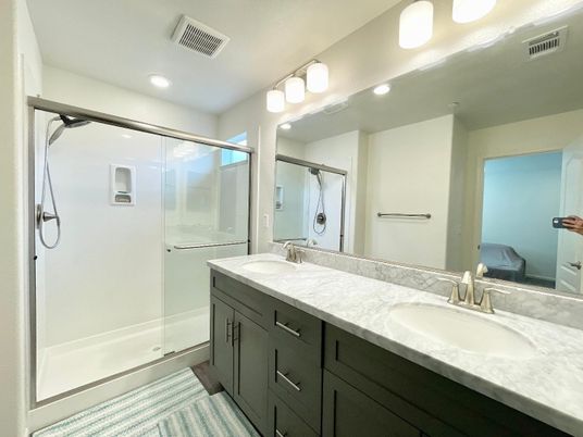 Bathroom, Dual Sink Vanities, Glass Shower, Interior, Recessed Lighting
