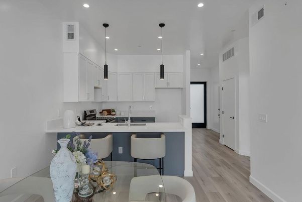 Interior, Kitchen, Pendant Lights, Recessed Lighting, Wood Texture Flooring
