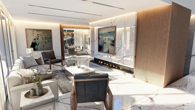 Fireplace, Interior, Living room, Marble, Recessed Lighting
