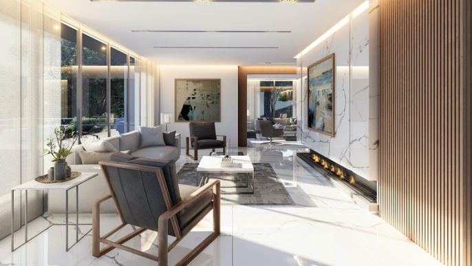Fireplace, Interior, Living room, Marble, Marble Walls, Recessed Lighting