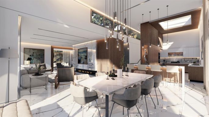 Dining room, Interior, Kitchen, Living room, Marble, Pendant Lights