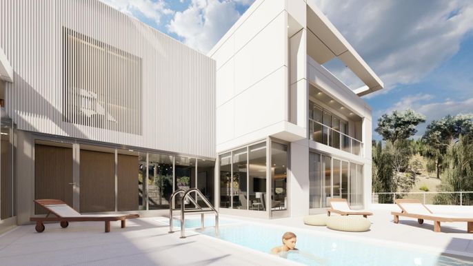 Exterior, Facade, Pool, Modern