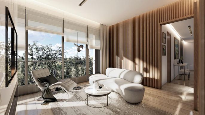 Interior, Living room, Pendant Lights, Wood Texture Flooring