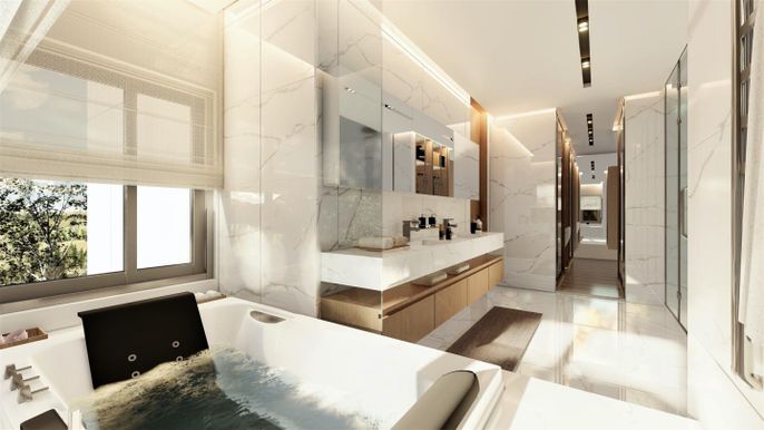 Bathroom, Glass Shower, Interior, Marble Walls