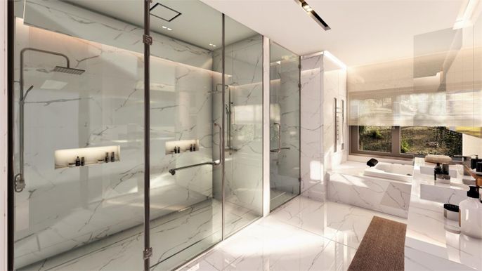 Bathroom, Glass Shower, Interior, Marble, Marble Walls, Recessed Lighting