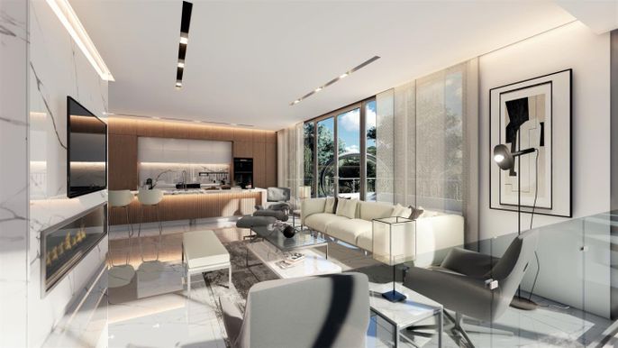 Interior, Living room, Marble, Marble Walls, Recessed Lighting