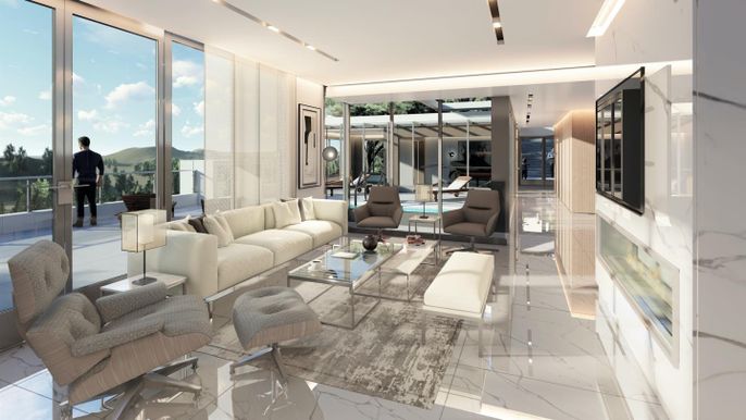 Interior, Living room, Marble, Recessed Lighting
