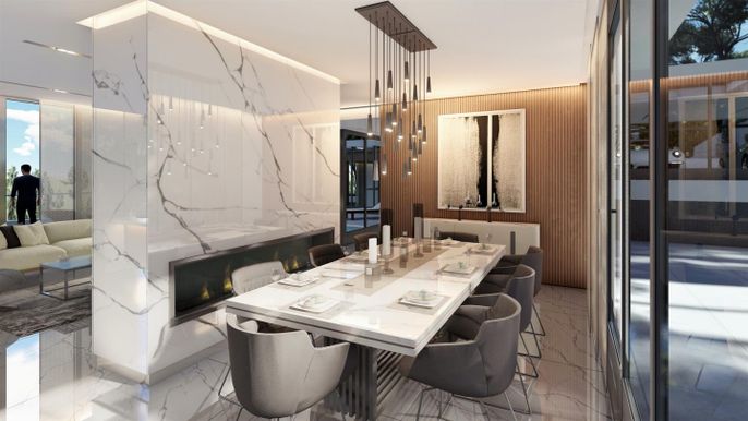 Dining room, Fireplace, Interior, Marble, Marble Walls, Pendant Lights