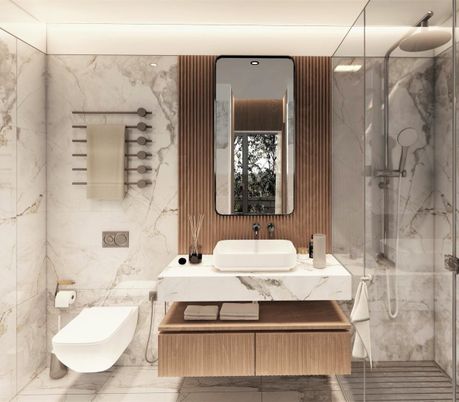 Bathroom, Glass Shower, Interior, Marble Walls