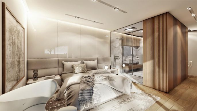 Bedroom, Interior, Recessed Lighting, Wood Texture Flooring
