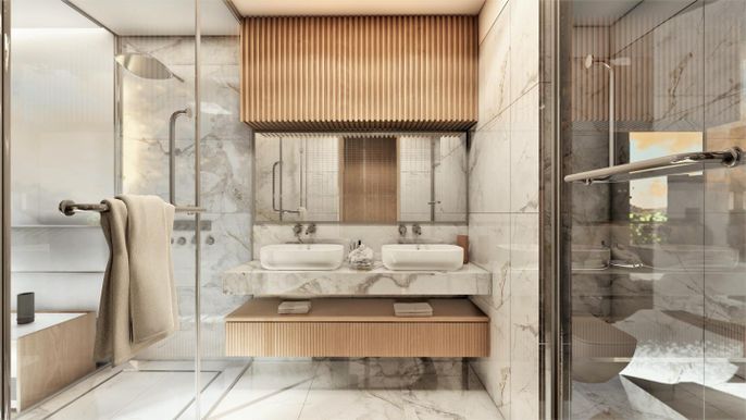 Bathroom, Glass Shower, Interior, Marble, Marble Walls