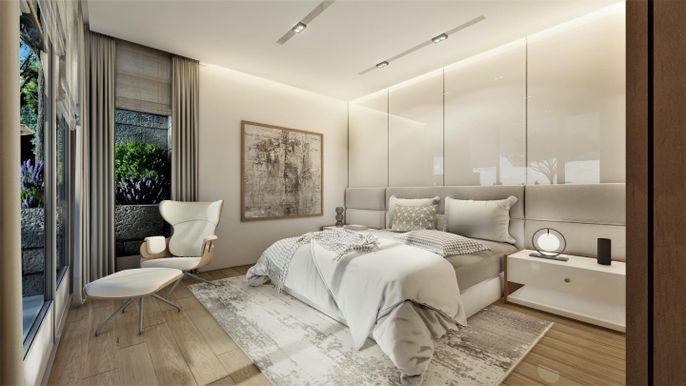 Bedroom, Interior, Recessed Lighting, Wood Texture Flooring