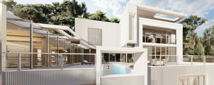 Exterior, Facade, Pool, Modern