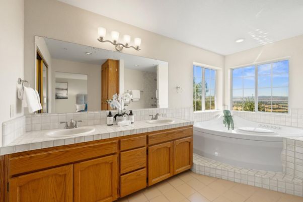 Bathroom, Dual Sink Vanities, Interior, Recessed Lighting, Tile Countertops