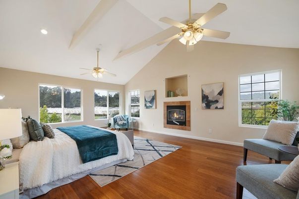 Bedroom, Fireplace, Interior, Recessed Lighting, Wood Texture Flooring