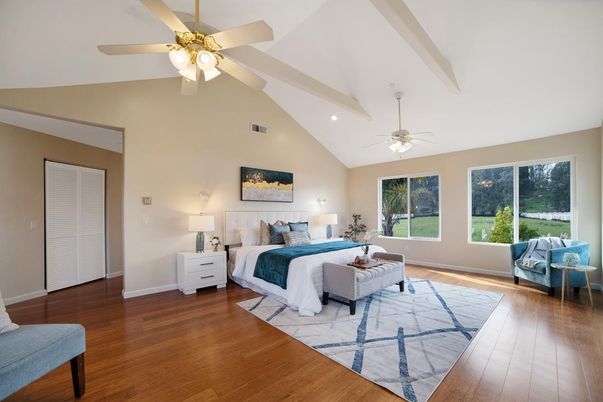 Bedroom, Interior, Recessed Lighting, Wood Texture Flooring
