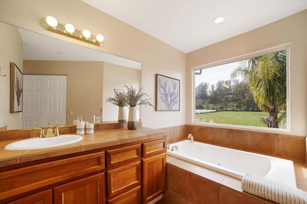 Bathroom, Dual Sink Vanities, Interior, Recessed Lighting, Tile Countertops