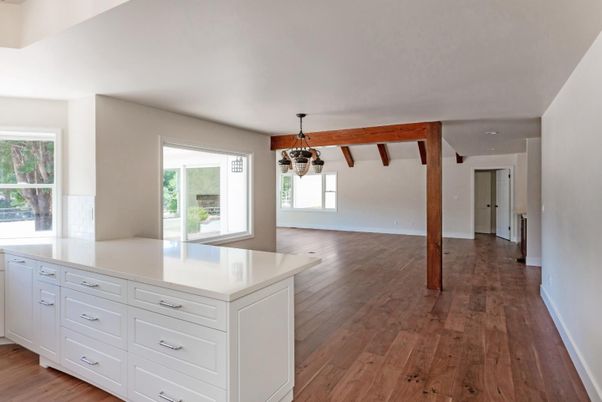 Chandelier, Empty room, Interior, Pendant Lights, Wooden Beams, Wood Texture Flooring