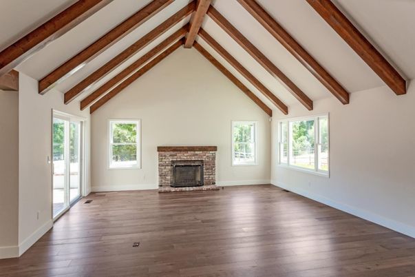 Empty room, Fireplace, Interior, Wooden Beams, Wood Texture Flooring
