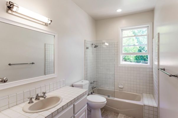 Bathroom, Glass Shower, Interior, Recessed Lighting, Tile Countertops
