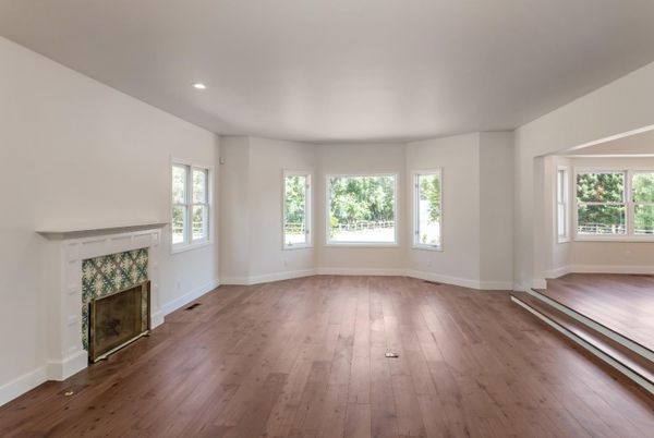 Empty room, Fireplace, Interior, Recessed Lighting, Wood Texture Flooring