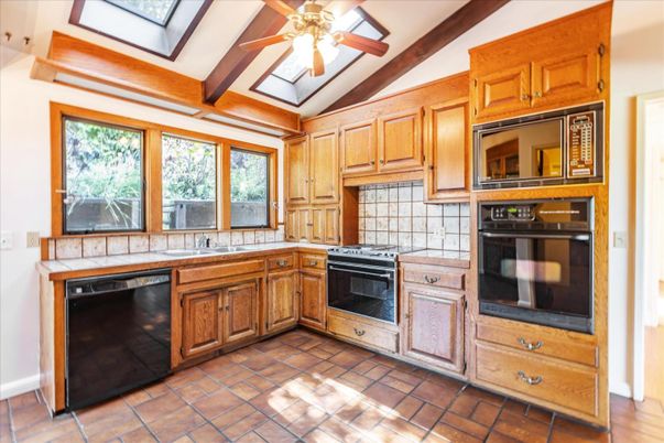 Interior, Kitchen, Tile Countertops, Wooden Beams