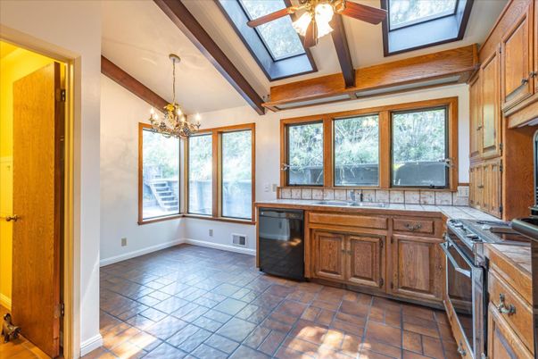 Chandelier, Interior, Kitchen, Pendant Lights, Tile Countertops