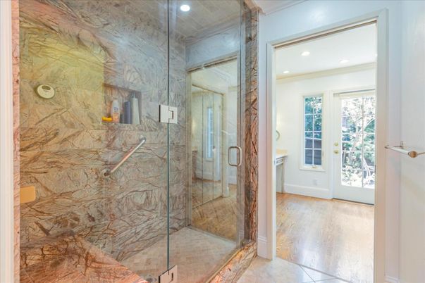 Bathroom, Glass Shower, Interior, Marble Walls, Recessed Lighting, Wood Texture Flooring