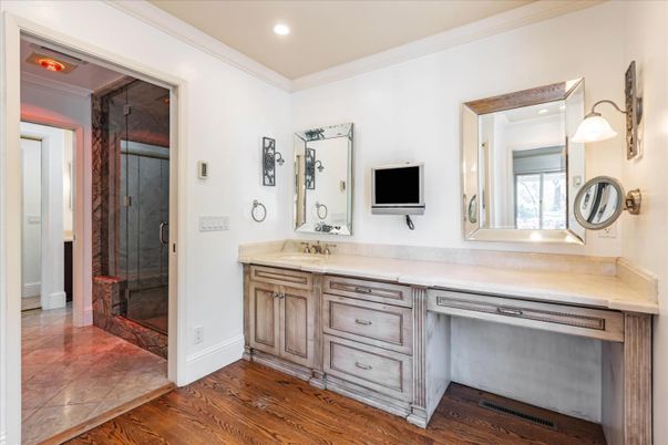 Bathroom, Dual Sink Vanities, Glass Shower, Interior, Recessed Lighting, Wood Texture Flooring