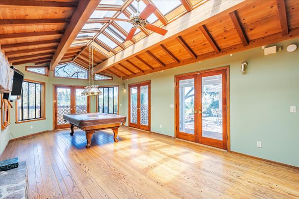 Billiard Table, Game Room, Interior, Pendant Lights, Wooden Beams, Wooden Ceilings, Wood Texture Flooring