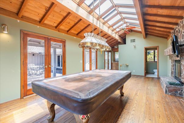 Billiard Table, Chandelier, Fireplace, Game Room, Interior, Pendant Lights, Wooden Beams, Wooden Ceilings, Wood Texture Flooring