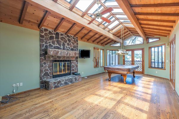 Billiard Table, Fireplace, Game Room, Interior, Pendant Lights, Wooden Beams, Wooden Ceilings, Wood Texture Flooring