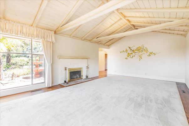 Empty room, Fireplace, Interior, Wooden Beams, Wooden Ceilings, Wood Texture Flooring
