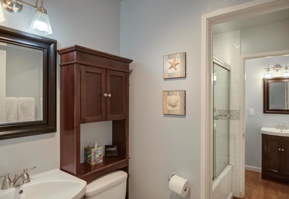 Bathroom, Glass Shower, Interior, Wood Texture Flooring
