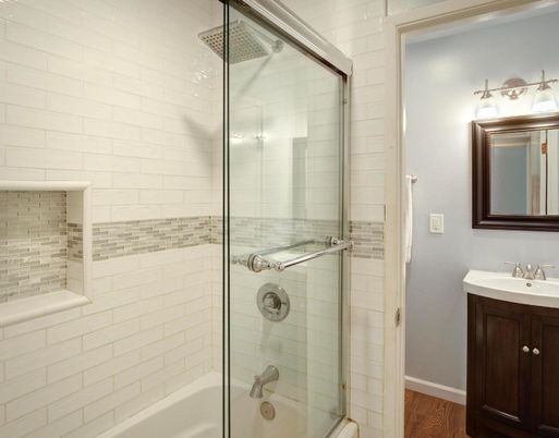 Bathroom, Glass Shower, Interior, Wood Texture Flooring
