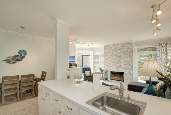 Dining room, Fireplace, Interior, Kitchen, Living room, Pendant Lights, Stone Walls